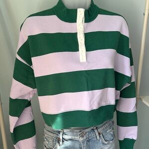 BP Cropped Green and Lavender Striped Sweatshirt